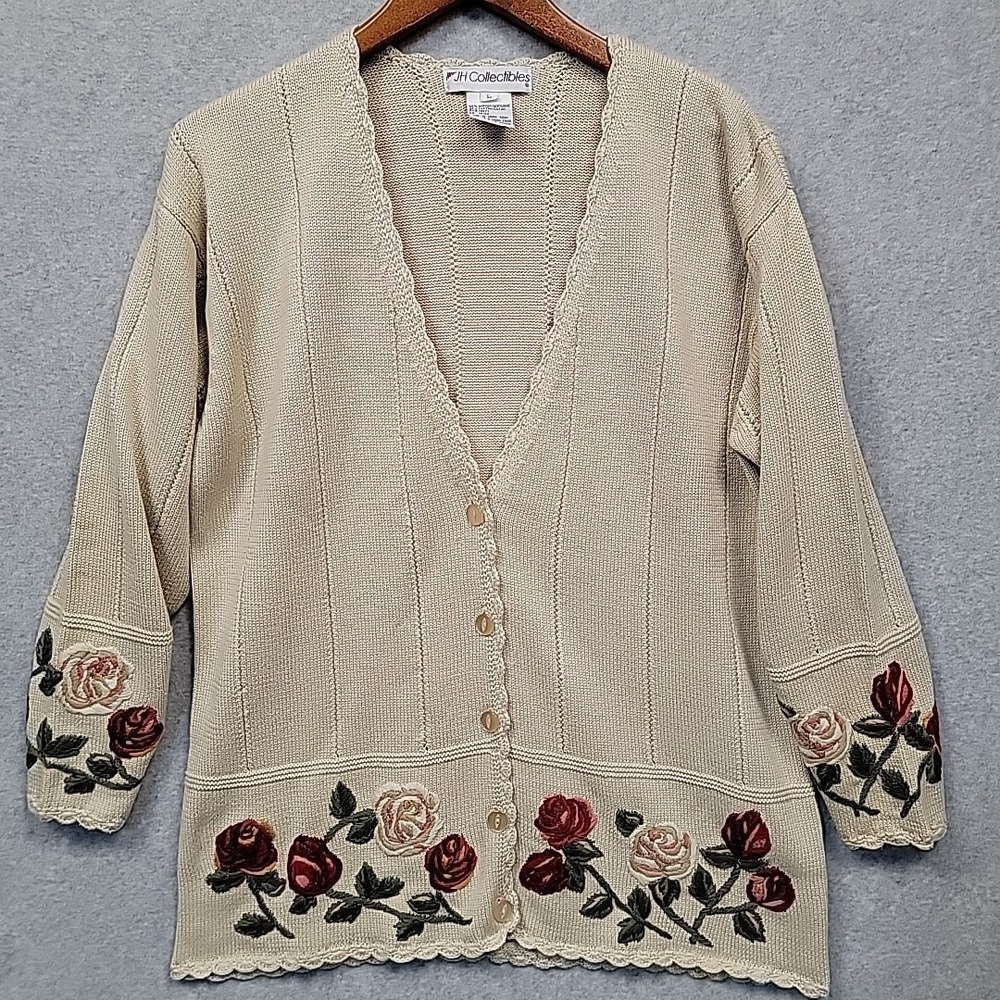 Vintage JH COLLECTIBLES Floral Cardigan Sweater Long Sleeve Sz Large Cottage 90s
